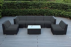 Ohana 7-Piece Outdoor Patio Furniture Sectional Conversation Set, Black Wicker with Gray Cushions – No Assembly with Free Patio Cover