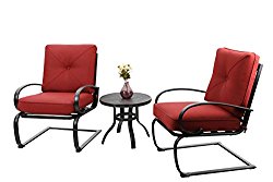 PHI VILLA Outdoor Springs Motion Chairs and Round Table Bistro Furniture Set with Red Cushioned Seats