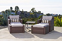 Solaura Outdoor 5-Piece Lounge Chair & Ottoman Furniture Set All Weather Brown Wicker with Beige Waterproof Cushions & Sophisticated Glass Coffee Side Table | Patio, Backyard, Pool