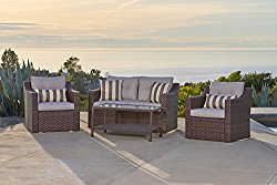 Solaura Outdoor Fully Woven 4-Piece Conversation Furniture Set All Weather Brown Wicker with Beige Waterproof Cushions & Sophisticated Glass Coffee Table | Patio, Backyard, Pool