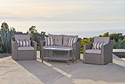 Solaura Outdoor Fully Woven 4-Piece Conversation Furniture Set All Weather Grey Wicker with Neutral Beige Waterproof Cushions & Sophisticated Glass Coffee Table | Patio, Backyard, Pool