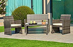 Suncrown Outdoor Furniture Grey Wicker Conversation Set with Glass Top Table (4-Piece Set) All-Weather | Thick, Durable Cushions with Washable Covers | Porch, Backyard, Pool or Garden