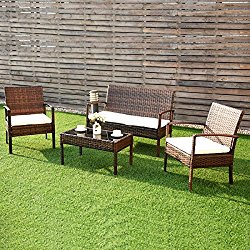 Tangkula 4 Piece Patio Outdoor Conversation Set Brown with Glass Coffee Table, Loveseat & 2 Cushioned Chairs Garden Lawn Rattan Wicker Patio Chat Set Outdoor Furniture Set