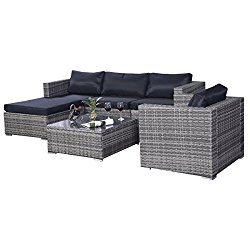 TANGKULA Patio Furniture Set 6 Piece Outdoor Lawn Backyard Poolside All Weather PE Wicker Rattan Steel Frame Sectional Cushined Seat Sofa Conversation Set (Gradient Gray with black cushion cover)