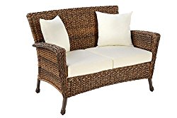 W Unlimited Rustic Collection Outdoor Furniture Light Brown Rattan Wicker Loveseat Sofa 2 Seater Garden Patio Furniture Conversation Set, Lounger Deep Seating Sectional Cushions