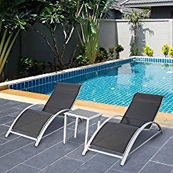 PatioPost Chaise Lounge Outdoor Patio Poolside Textilene Chair 3 Pc Set w/Side Table, Grey