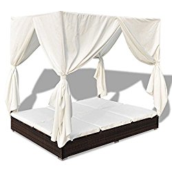 Daonanba Stable Durable Sun Lounger with Curtains Comfortable Sunbed Outdoor Sofabed Garden Furniture Poly Rattan Brown