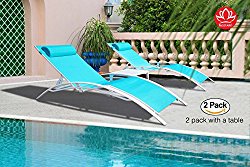 Kozyard KozyLounge Elegant Patio Reclining Adjustable Chaise Lounge Aluminum and Textilene Sunbathing Chair for All Weather with headrest (2 pack), KD,very light, very comfortable (Blue W/Table)