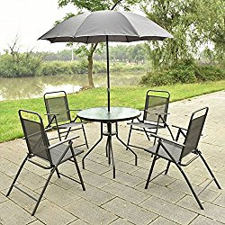 6 PCS Patio Garden Set Furniture 4 Folding Chairs Table with Umbrella Gray New HW52116