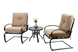 PHI VILLA Motion Patio Big X Design C-Spring Metal Chairs Set 2 and Bistro Table with Beige Cushioned Seat