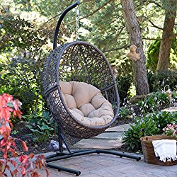 Resin Wicker Espresso Hanging Egg Chair with Tufted Khaki Cushion and Stand