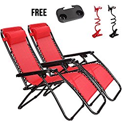 2-Pack Zero Gravity Outdoor Lounge Chairs Patio Adjustable Folding Reclining Chairs With Free Cup/Drink Utility Tray & Cell Phone Holder – Red Color, 2pcs