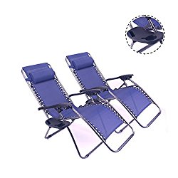 2pcs Outdoor Zero Gravity Lounge Chair Beach Patio Pool Yard Folding Recline With a cup stand (Blue)