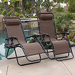 Belleze Patio Outdoor Zero Gravity Lounge Chairs | Mobile Device Slot | Brown | Chair Pack | W Cup Holder | Dry Mesh