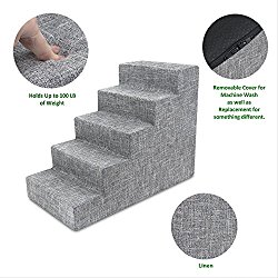 Best Pet Supplies Foam Pet Stairs 5-Step – Gray Linen, Large (15 x 22.5 x 30 inches)