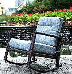 Merax Cushioned Rattan Rocker Chair Rocking Armchair Chair Outdoor Patio Glider Lounge Wicker Chair Furniture with Cushion (Grey Cushion)