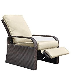 Outdoor Patio Wicker Adjustable Recliner Chair, Rust-Resistant Aluminum Frame, with 5.11” Cushions- Brown and Khaki