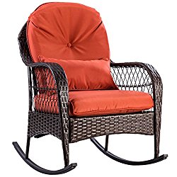 TANGKULA Wicker Rocking Chair Outdoor Porch Garden Lawn Deck Wicker All Weather Steel Frame Rocker Patio Furniture w/Cushion (red cushion) 27″ Lx34.5 Wx37.5 H