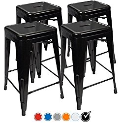 24” Counter Height Bar Stools,! (BLACK) by UrbanMod, [Set Of 4] Stackable, Indoor/Outdoor, Kitchen Bar Stools,! 330LB Limit, Metal Bar Stools! Industrial, Galvanized Steel, Counter Stools!