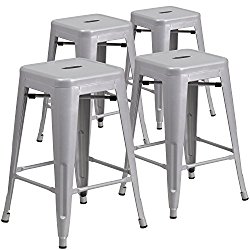 Flash Furniture 4 Pk. 24” High Backless Silver Metal Indoor-Outdoor Counter Height Stool with Square Seat