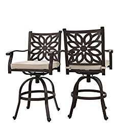 PHI VILLA Extra Wide Outdoor Patio Pub Height Swivel Bar Stools Cast Aluminum Arms Chairs Set of 2 with Seat Cushion