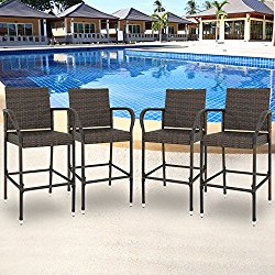 SUPER DEAL Set of 4 Patio Outdoor Wicker Bar Stool Pool Furniture Armrest, Brown Rattan Chair (4)