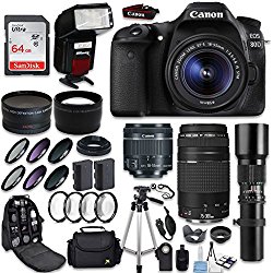 Canon EOS 80D DSLR Camera + Canon EF-S 18-55mm + Canon EF 75-300mm Lens & Telephoto 500mm f/8.0 + 0.43 Wide Angle Lens + 2.2 Telephoto Lens + Macro Filter Kit + 64GB Memory Card + Accessory Bundle