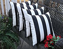 Resort Spa Home Decor Set of 4 Indoor/Outdoor Square Decorative Throw/Toss Pillows Black and White Stripe Fabric Choose Size (17″ x 17″)