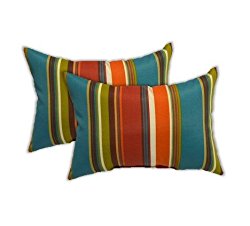 Set of 2 Indoor Outdoor Rectangle Lumbar Decorative Accent Throw Toss Pillows, Teal, Orange, Red, Green Stripe — Choose Size (11″ x 19″)