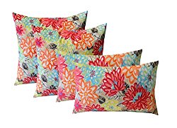 Set of 4 Indoor / Outdoor Pillows – 17″ Square Throw Pillows & 12″ x 20″ Rectangle / Lumbar Decorative Throw Pillows – Yellow, Orange, Blue, Pink Bright Artistic Floral
