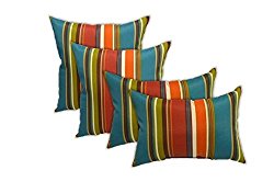 Set of 4 Indoor/Outdoor Pillows – Square Throw Pillows & 2 Rectangle / Lumbar Throw Pillows – Teal, Orange, Red, Green Stripe — Choose Size (17″ & 11″ x 19″)