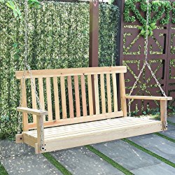 Giantex 4 FT Porch Swing with Chain Natural Wood Garden Swing Seat Patio Hanging Seat