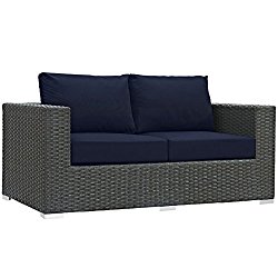 Modway Sojourn Outdoor Patio Rattan Loveseat With Sunbrella Brand Navy Canvas Cushions