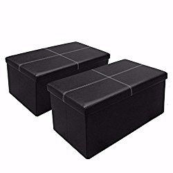 Otto & Ben 30″ Storage Ottoman [2 Piece Set] with Memory Foam Seat, Folding Foot Rest Stools Table Ottomans Bench with Faux Leather, Black