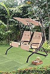 Sunjoy Sherborn Steel Porch Lover Seats Swing with Beige Shades & Cushions