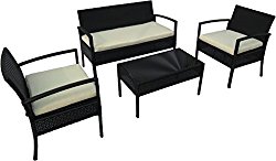 ALEKO RTFS7502BL Linosa 4 Piece Polyethylene Wicker Rattan Outdoor Patio Deck Furniture Set Coffee Table Love Seat with Cushions Black and Cream