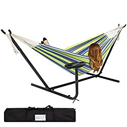 Best Choice Products Outdoor Double Hammock Set w/Steel Stand, Cup Holder, Tray, and Carrying Bag – Blue/Green Stripe
