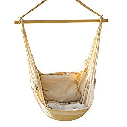 EverKing Hanging Rope Hammock Chair Porch Swing Seat, Large Hammock Net Chair Swing, Cotton Rope Porch Chair for Indoor, Outdoor, Garden, Patio, Porch, Yard – 2 Seat Cushions Included (White)