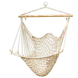 Hammock Net Chair – Cotton Rope Cradle Chair with Wood Stretcher for Yard, Bedroom, Porch, Beach, Indoor, Outdoor Capable of 330lbs