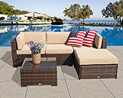 PATIOROMA Outdoor Furniture Sectional Sofa Set (5-Piece Set) All-Weather Brown Wicker with Beige Seat Cushions &Glass Coffee Table| Patio, Backyard, Pool| Steel Frame