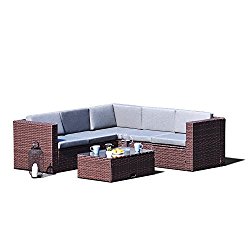 Sky Patio B1035-BR 4 Pieces Outdoor Furniture Complete Patio Wicker Rattan Garden Corner Sofa Couch Set, Brown