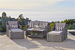 Solaura Outdoor 6-Piece Lounge Chairs with Ottoman & Loveseat All Weather Gary Wicker with Neutral Beige Waterproof Cushions & Sophisticated Glass Coffee Table | Patio, Backyard, Pool