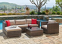 Suncrown Outdoor Furniture Sectional Sofa & Chair (6-Piece Set) All-Weather Brown Checkered Wicker with Brown Seat Cushions & Modern Glass Coffee Table | Patio, Backyard, Pool | Incl. Waterproof Cover