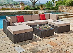 Suncrown Outdoor Furniture Sectional Sofa Set (7-Piece Set) All-Weather Brown Wicker with Brown Washable Seat Cushions & Modern Glass Coffee Table | Patio, Backyard, Pool | Incl. Waterproof Cover