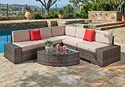 Suncrown Outdoor Furniture Sectional Sofa & Wedge Table (6-Piece Set) All-Weather Brown Wicker with Washable Seat Cushions & Modern Glass Coffee Table | Patio, Backyard, Pool | Incl. Waterproof Cover