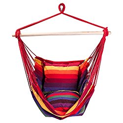 SUNMERIT Hanging Rope Hammock Chair Swing Seat for Indoor or Outdoor Spaces,275 lbs Capacity,2 Seat Cushions Included (Red & Yellow Stripes)