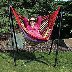 Sunnydaze Hanging Hammock Chair Swing with Sturdy Space-Saving Stand for Indoor or Outdoor Use, Sunset, 330 Pound Capacity