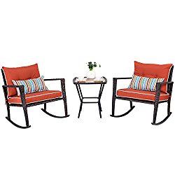 TANGKULA 3 PCS Patio Rattan Wicker Furniture Set Outdoor Garden Glass Top Coffee Table & Rocking Wicker Chair Set w/Red Cushions (red)