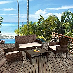 Tangkula 4 Piece Patio Furniture Set All Weather Outdoor Lawn Garden Pool Balcony Wicker Steel Frame Sofa and Chairs Set with Glass Top Coffee Table & Removable Cushions Conversation Set (brown)