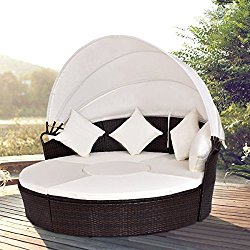 TANGKULA Patio Furniture Outdoor Lawn Backyard Poolside Garden Round with Retractable Canopy Wicker Rattan Round Daybed, Seating Separates Cushioned Seats (4 pillows beige)